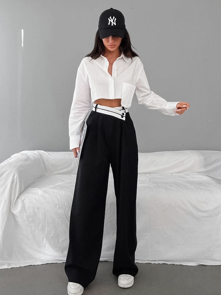 Wide Leg Pants "Temperament Commuting" con Dettagli Pleats e Vita Alta