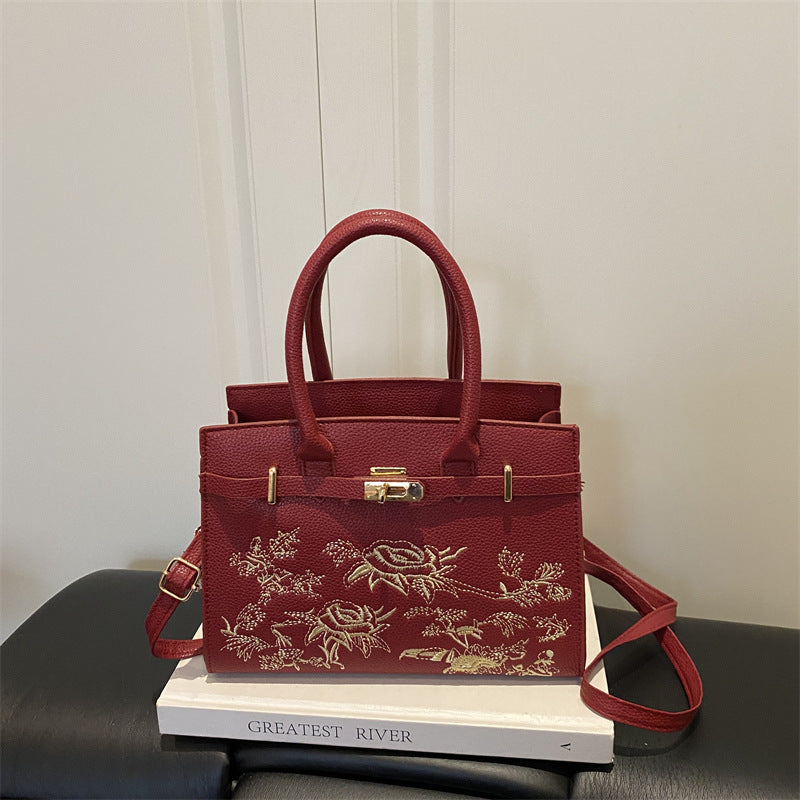 Shoulder Handbag "Literary Style" Horizontal Square con Tasca 3D e Finiture Stitching