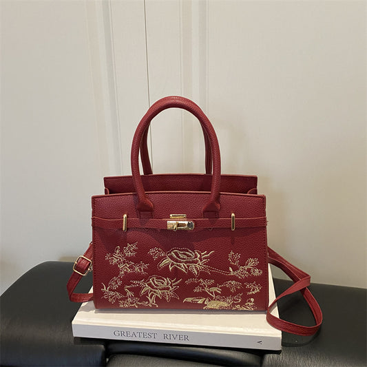 Shoulder Handbag "Literary Style" Horizontal Square con Tasca 3D e Finiture Stitching