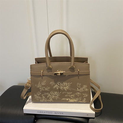 Shoulder Handbag "Literary Style" Horizontal Square con Tasca 3D e Finiture Stitching