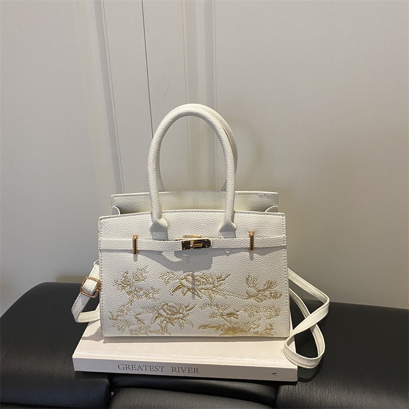 Shoulder Handbag "Literary Style" Horizontal Square con Tasca 3D e Finiture Stitching