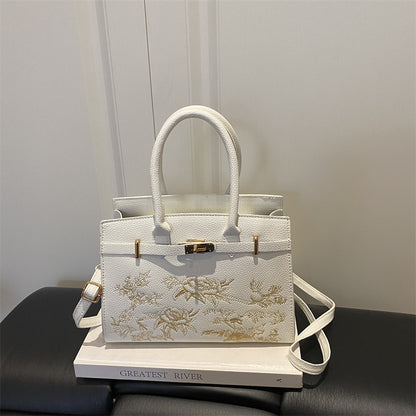 Shoulder Handbag "Literary Style" Horizontal Square con Tasca 3D e Finiture Stitching