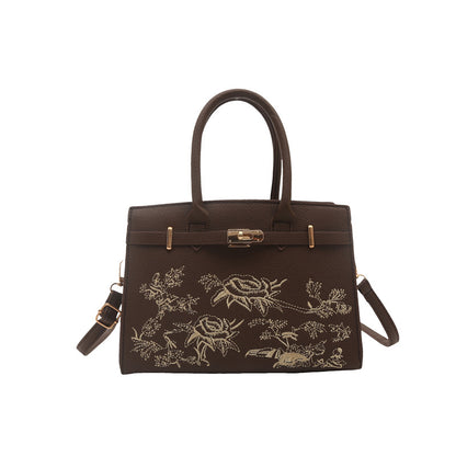 Shoulder Handbag "Literary Style" Horizontal Square con Tasca 3D e Finiture Stitching