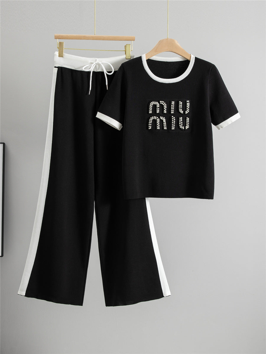 Completo Casual Pantalone Knit Beading & Letters