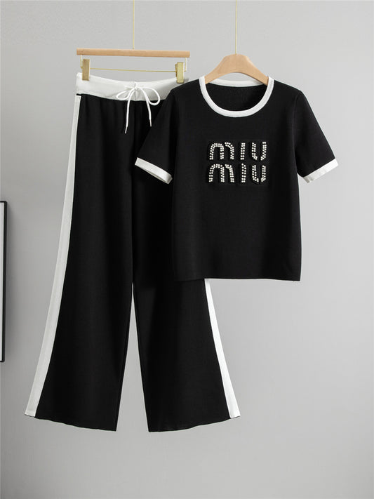 Completo Casual Pantalone Knit Beading & Letters
