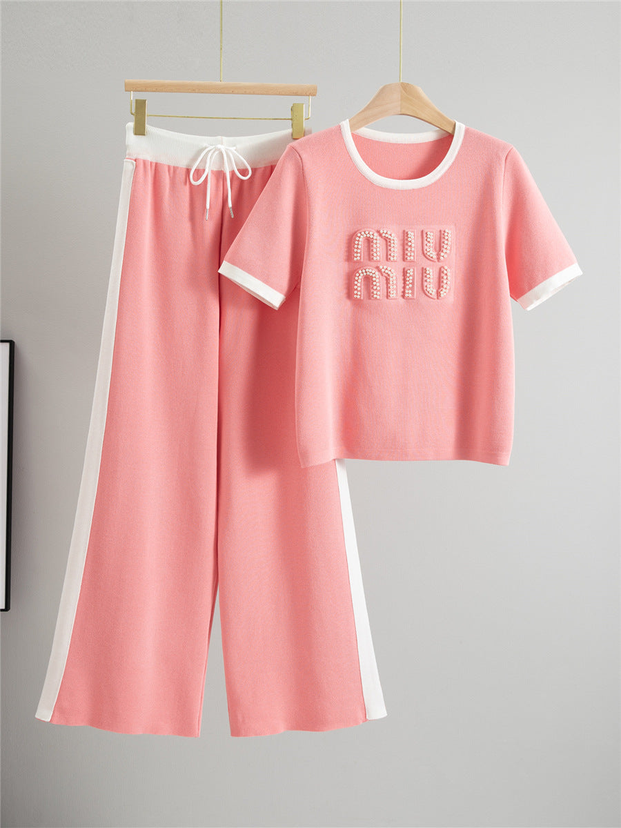Completo Casual Pantalone Knit Beading & Letters