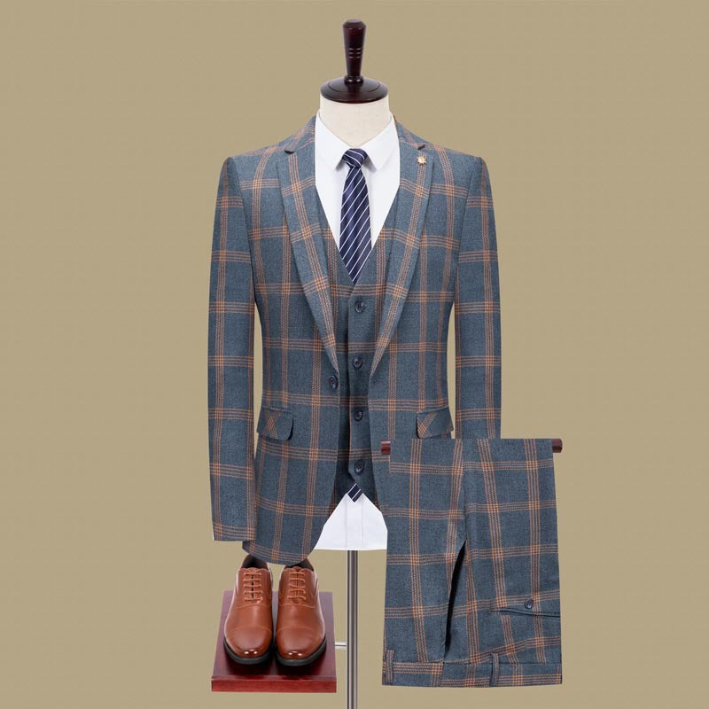 Completo Tre Pezzi Slim Fit con Trama a Quadri e Dettagli Metal