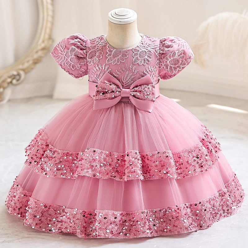 Abito da Cerimonia in Misto Cotone con Dettagli Bow-Accent e Mesh Plissettato
