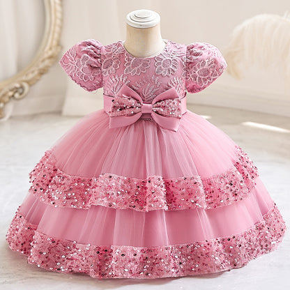 Abito da Cerimonia in Misto Cotone con Dettagli Bow-Accent e Mesh Plissettato