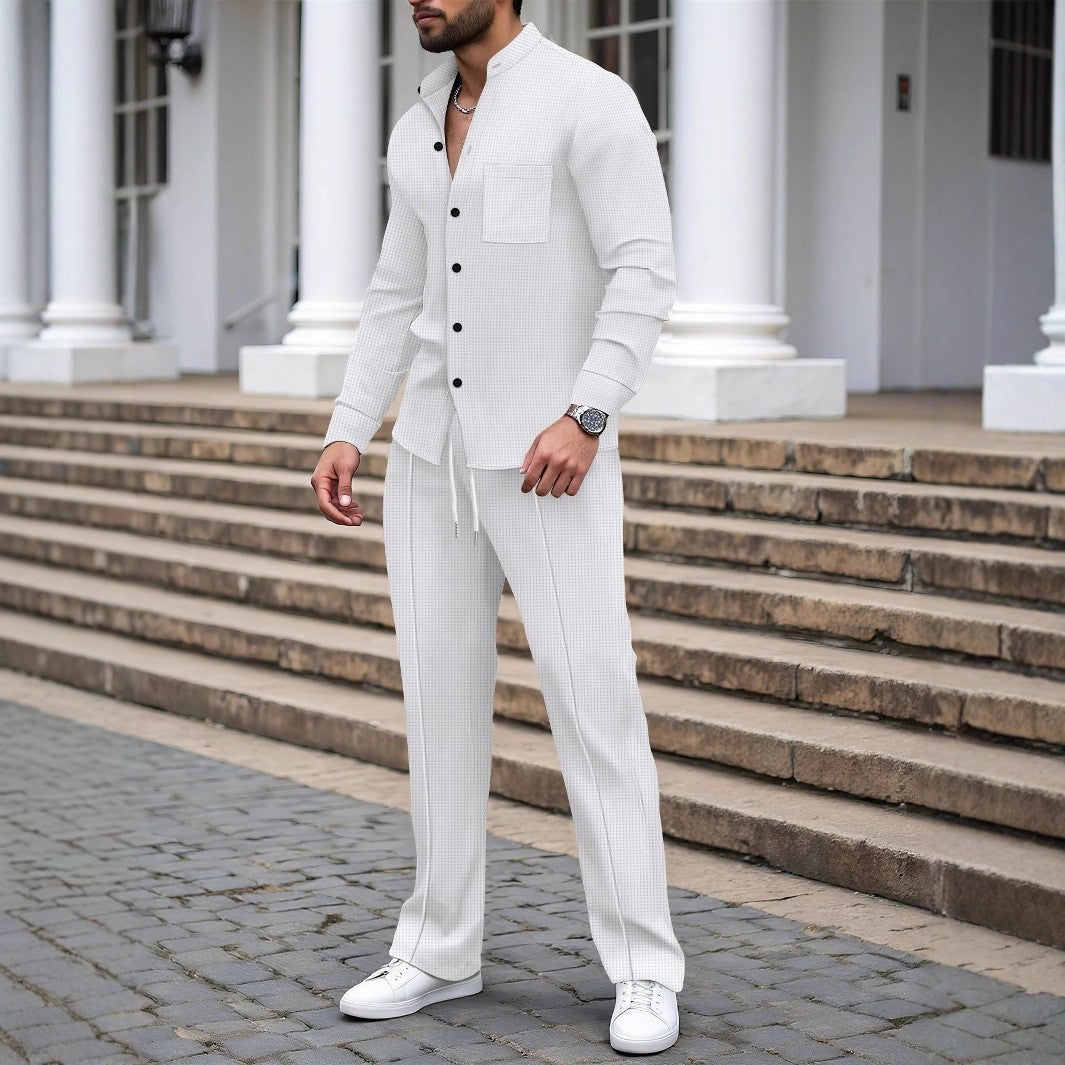 Completo con Camicia Cardigan Stand-Collar e Pantaloni Tecnici