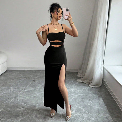 Maxi Slip Dress in Maglia con Schiena Scoperta, Dettaglio "Hollow Out" e Spacco Laterale
