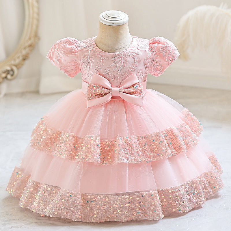 Abito da Cerimonia in Misto Cotone con Dettagli Bow-Accent e Mesh Plissettato