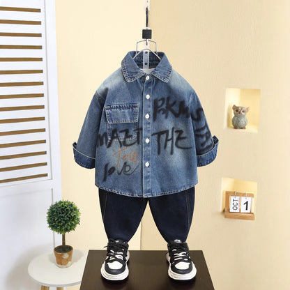 Camicia in Denim 65% Cotone "Blue" con Dettagli Lettering e Finitura Soft-Touch