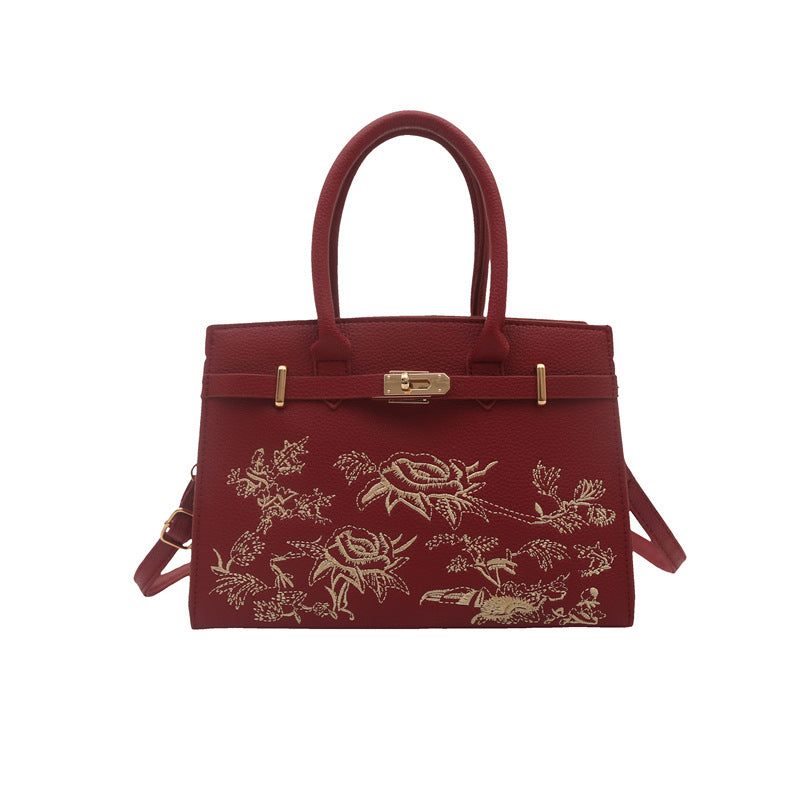 Shoulder Handbag "Literary Style" Horizontal Square con Tasca 3D e Finiture Stitching