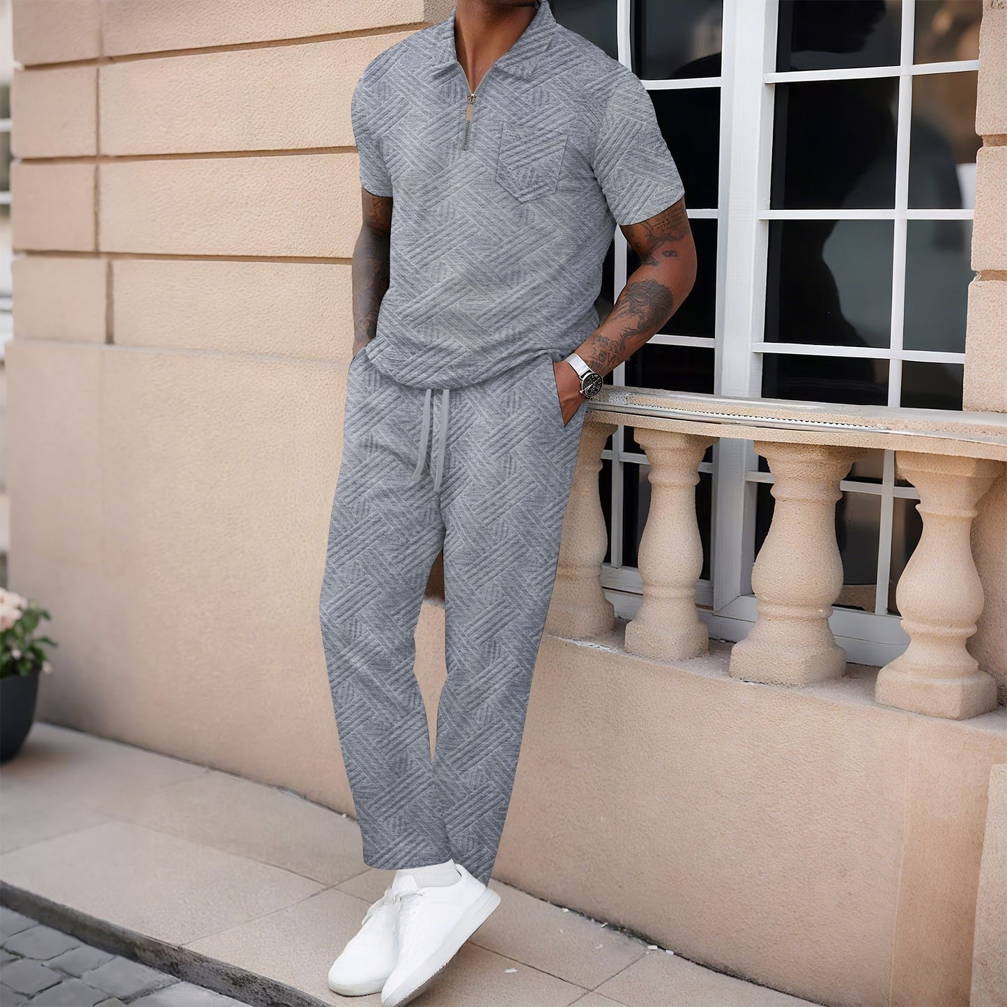 Set Coordinato con T-shirt Half-Zip e Pantaloni Tecnici Strutturati