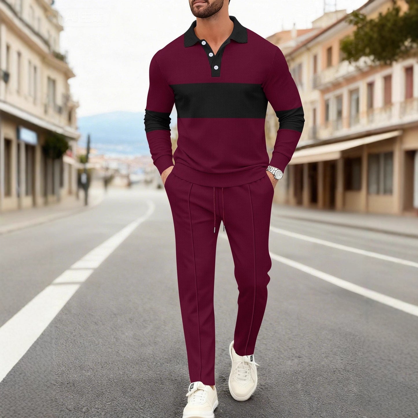 Set Coordinato con Polo a Manica Lunga e Pantaloni Tecnici Strutturati
