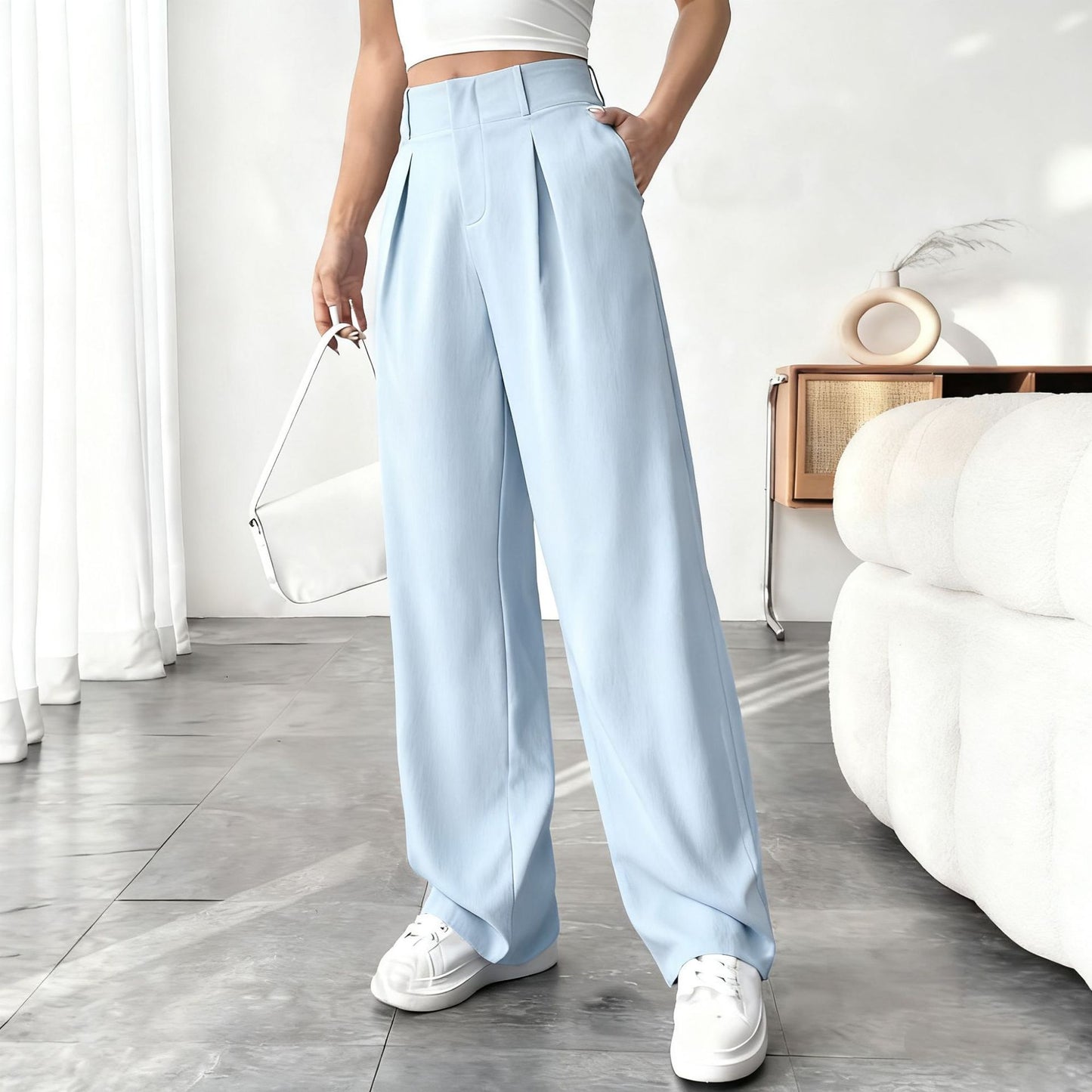 Pantaloni "Straight-Leg" ad Alta Definizione con Vita Alta e Texture Wrinkled