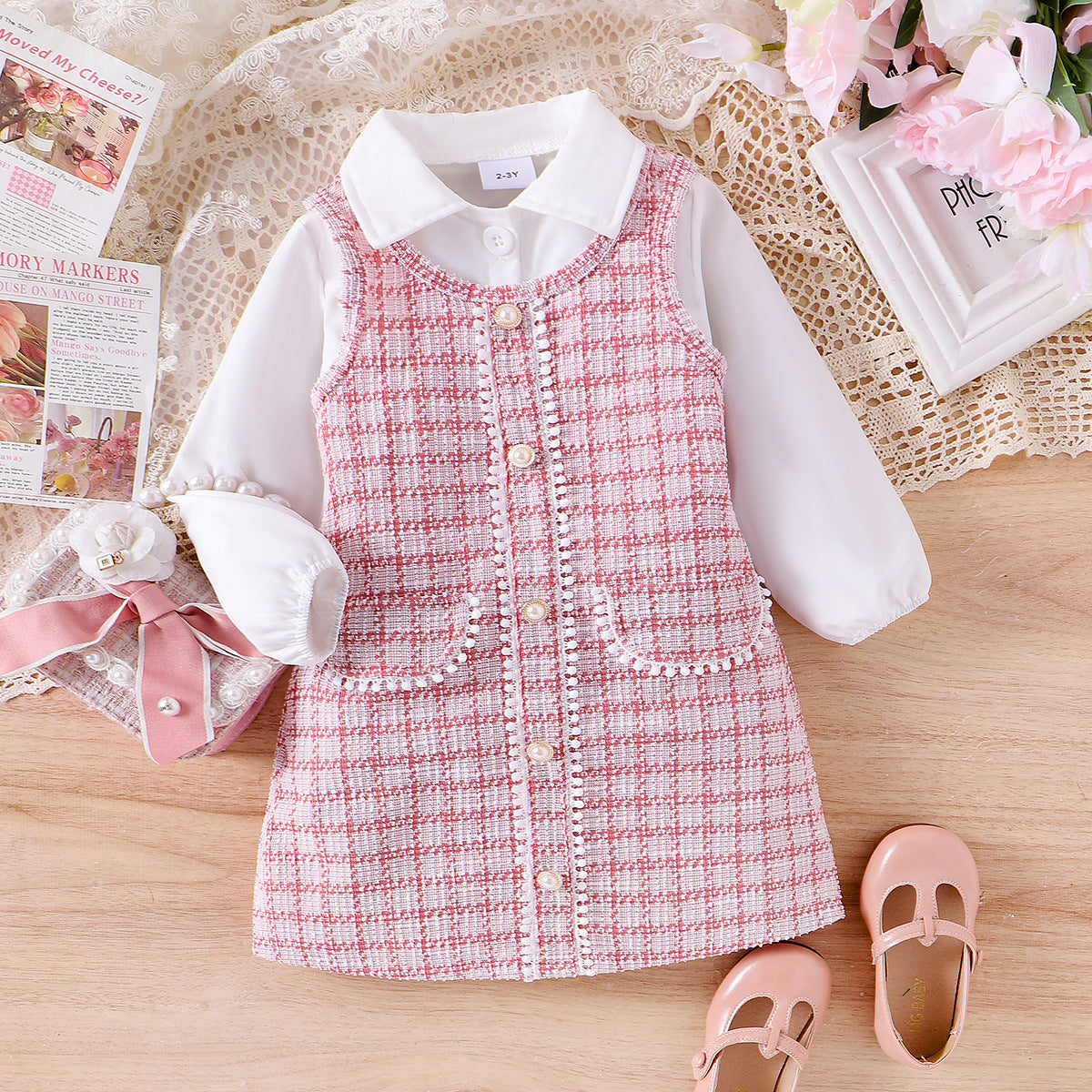 Completo Due Pezzi in Cotone con Trama a Griglia e Silhouette Princess