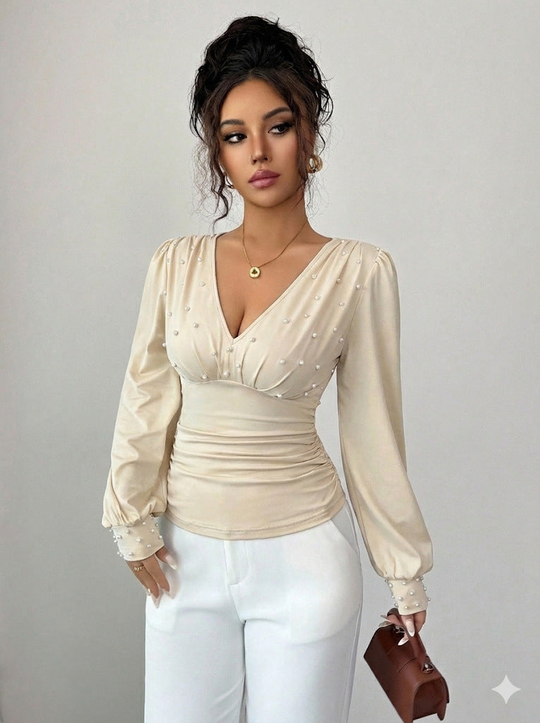 Top Slim con Perle Applicate e Maniche Flared