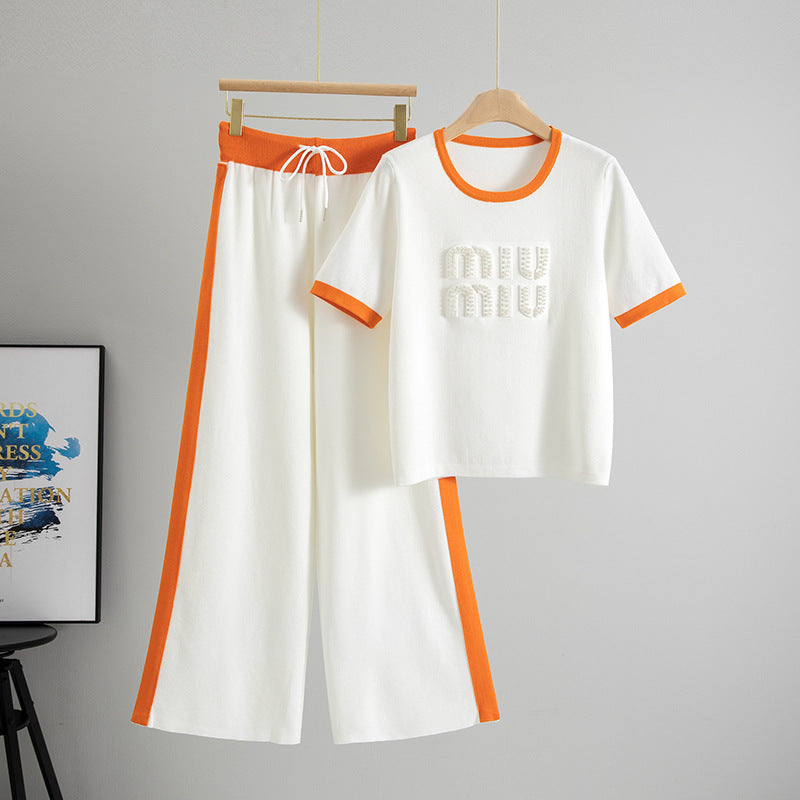 Completo Casual Pantalone Knit Beading & Letters