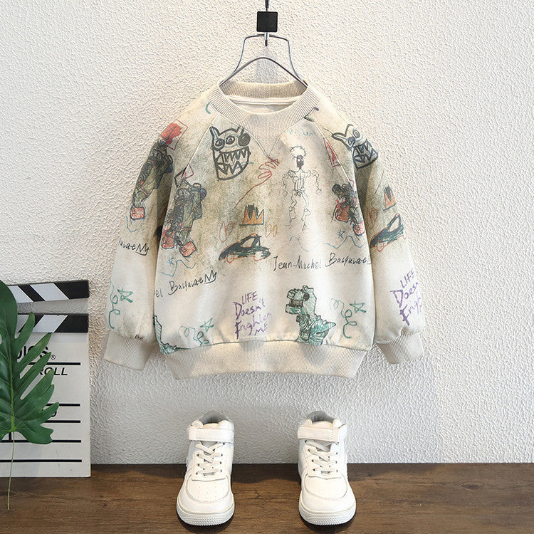 Felpa in Cotone all'80% con Stampa All-Over Dinosaur e Finitura Soft-Touch