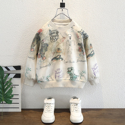 Felpa in Cotone all'80% con Stampa All-Over Dinosaur e Finitura Soft-Touch