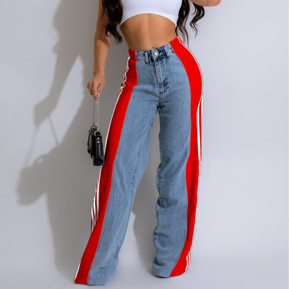 Denim Wide-Leg High-Waist con Splicing Laterale e High Elasticity