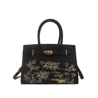 Shoulder Handbag "Literary Style" Horizontal Square con Tasca 3D e Finiture Stitching