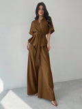 Completo Two-Piece con Camicia a Maniche Corte e Pantaloni Wide-Leg in Brown