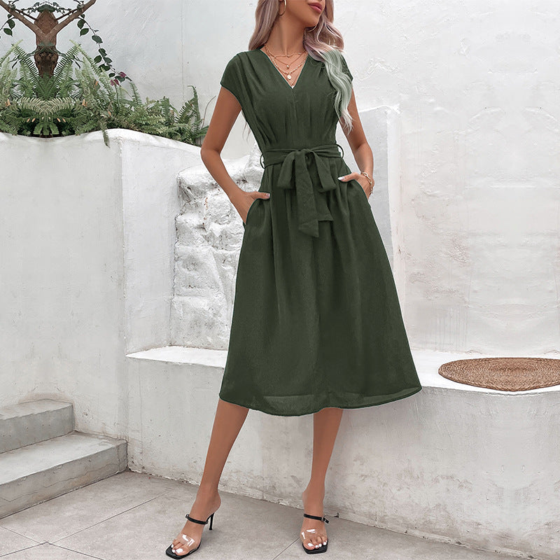 Abito "Elegant V-Neck" con Maniche Feifei e Silhouette A-Line Mid-Skirt