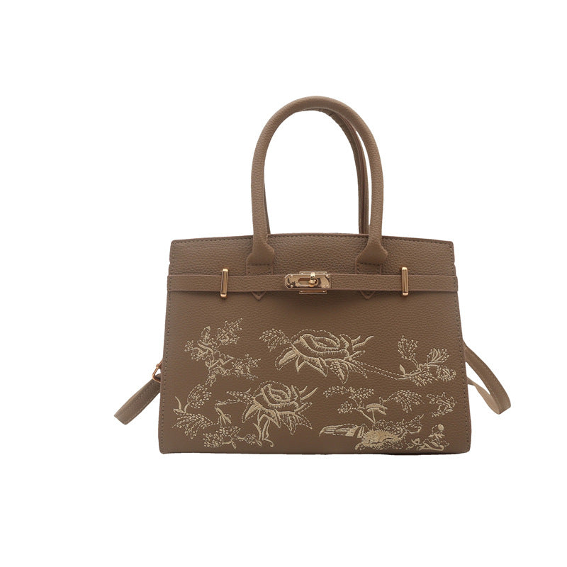 Shoulder Handbag "Literary Style" Horizontal Square con Tasca 3D e Finiture Stitching