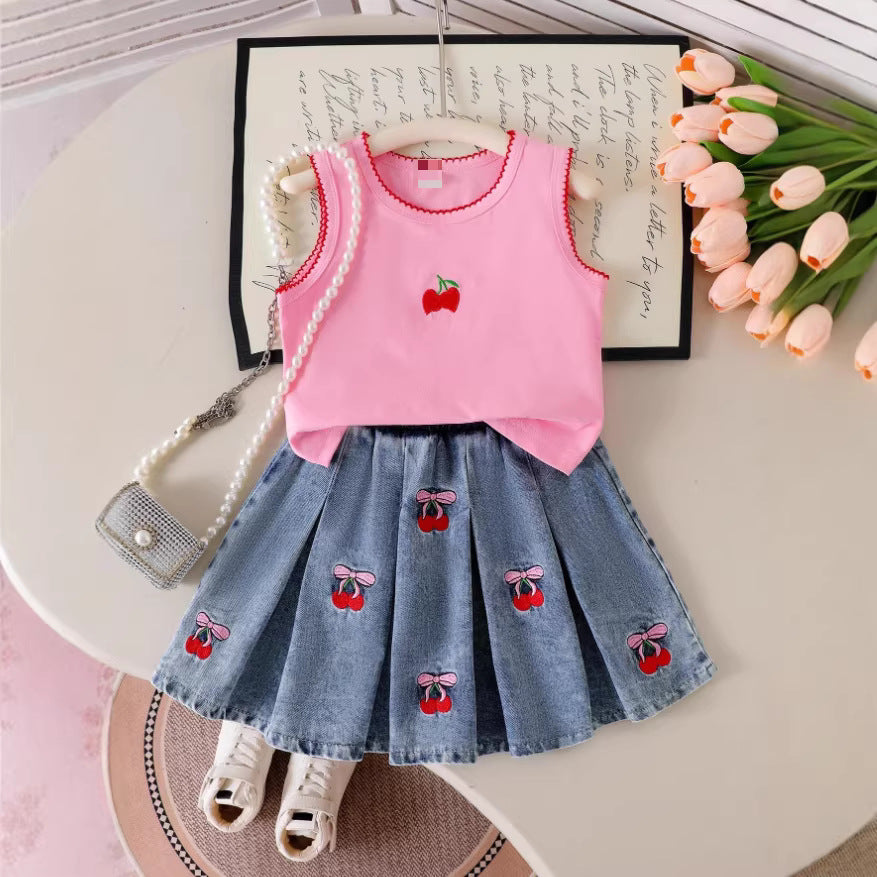 Completo Due Pezzi in Denim Soft-Touch con Pattern Floreale e Silhouette Skirt-Set