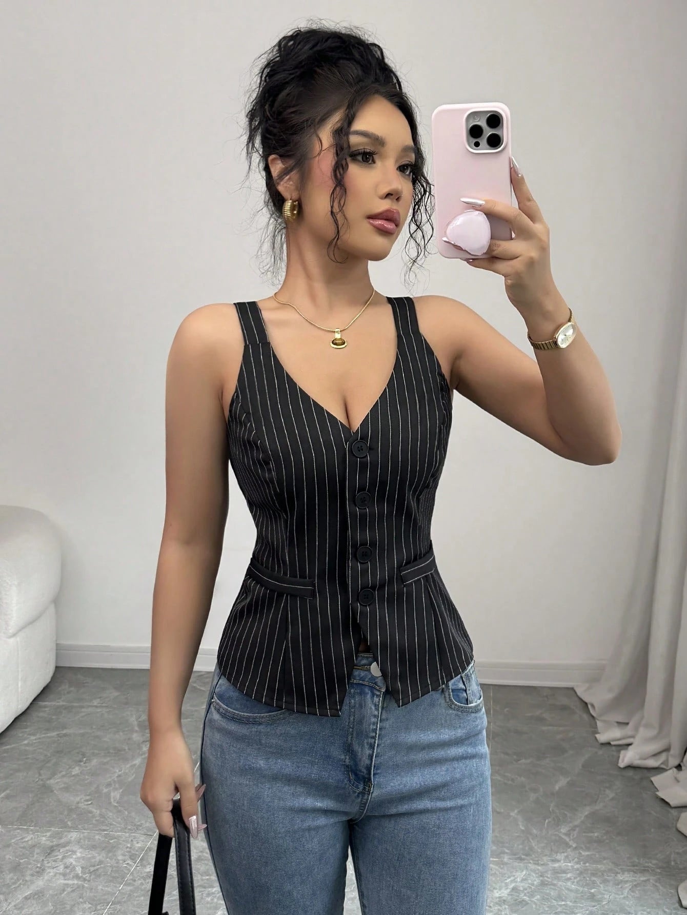 Gilet Slim Fit con Scollo a V e Profilo "Checkered"