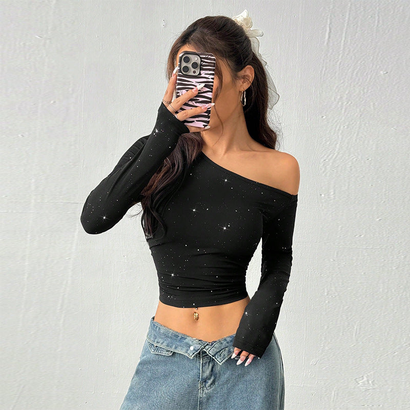 Top in Maglia con Spalla Scoperta e Strass