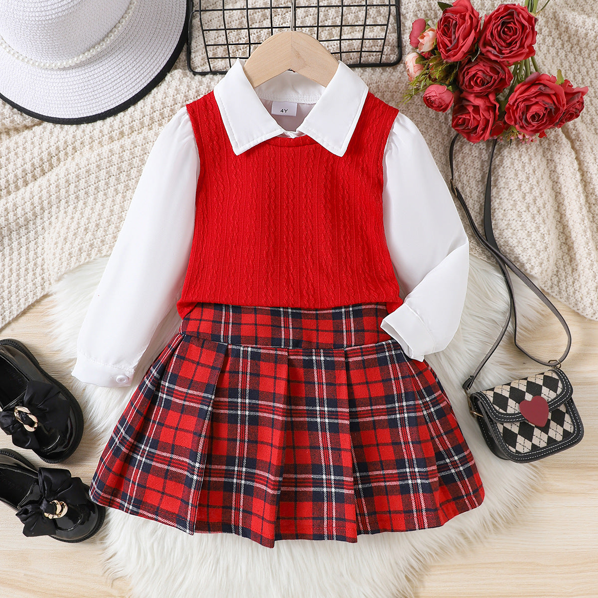 Completo Tre Pezzi in Cotone Soft-Touch con Trama a Griglia e Silhouette Skirt-Suit