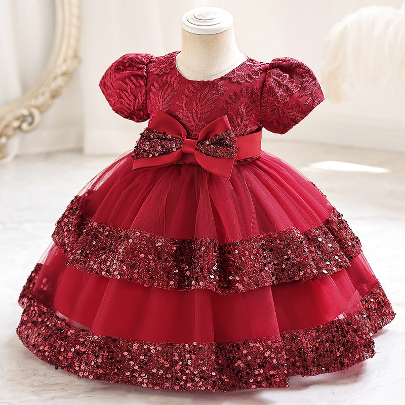 Abito da Cerimonia in Misto Cotone con Dettagli Bow-Accent e Mesh Plissettato