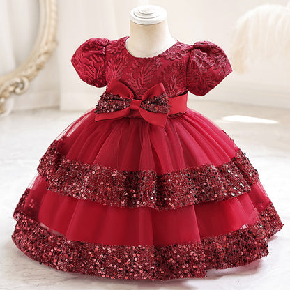 Abito da Cerimonia in Misto Cotone con Dettagli Bow-Accent e Mesh Plissettato