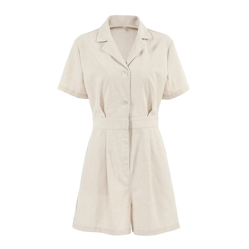 Jumpsuit Casual in Cotone e Lino con Collo a Giacca e Vita Alta