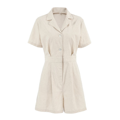 Jumpsuit Casual in Cotone e Lino con Collo a Giacca e Vita Alta