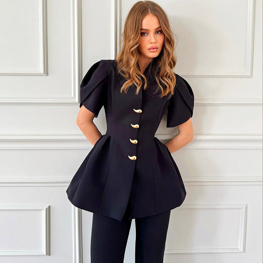 Camicia Cardigan Slim Fit a Maniche Corte con Scollo a V e Chiusura Single-Breasted