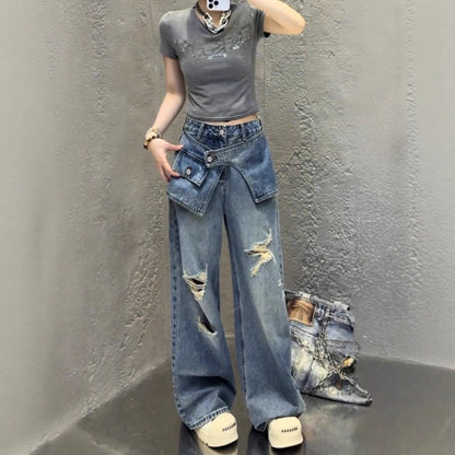 Spicy Girl Layered: Faux Two-Piece Wide-Leg Denim 2026