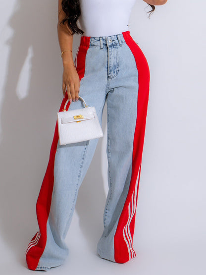 Denim Wide-Leg High-Waist con Splicing Laterale e High Elasticity