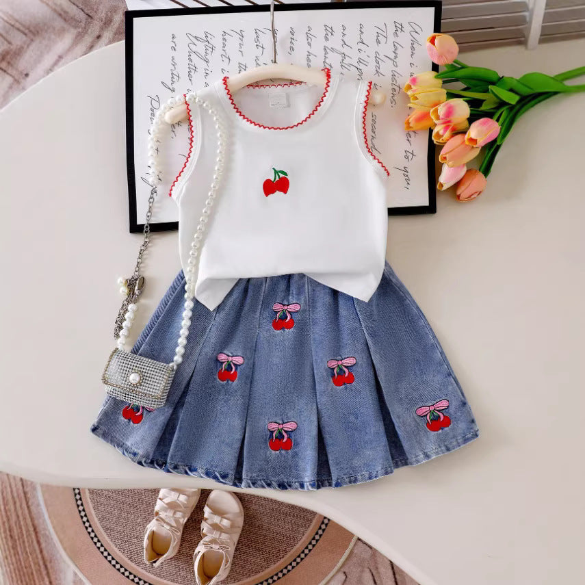 Completo Due Pezzi in Denim Soft-Touch con Pattern Floreale e Silhouette Skirt-Set