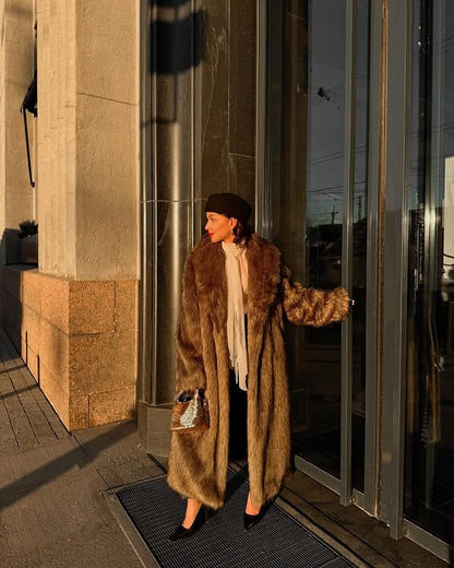 Apricot Red Long Coat New Faux Fur Fur Coat Brown Coffee Color Thickened Winter Warm Coat Extended