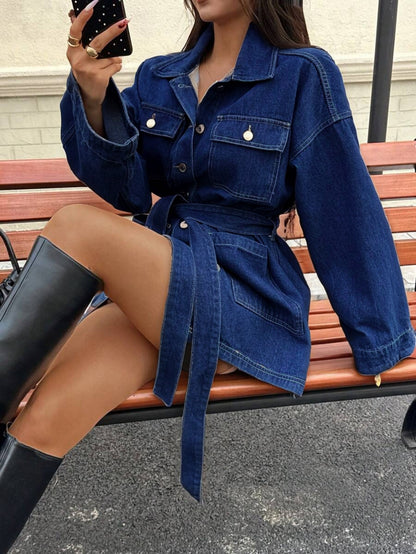 Giacca Denim "Mid-Length" con Colletto a Revers e Taglio Neutral Commute