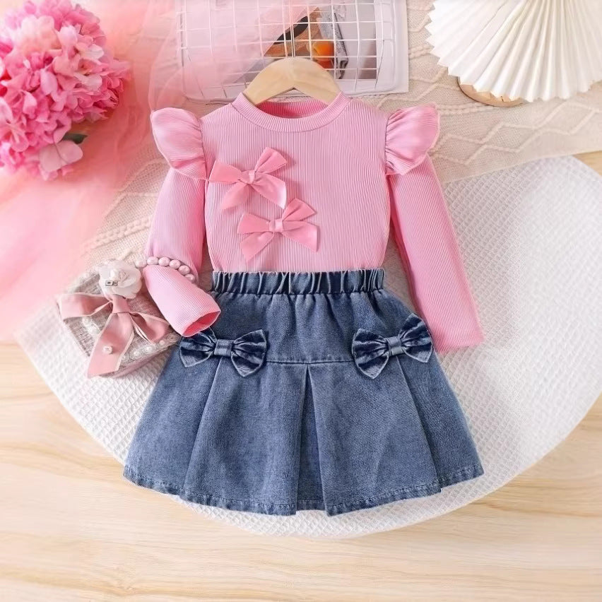 Completo Due Pezzi in Cotone Soft-Touch con Dettaglio Bow e Silhouette Skirt-Set