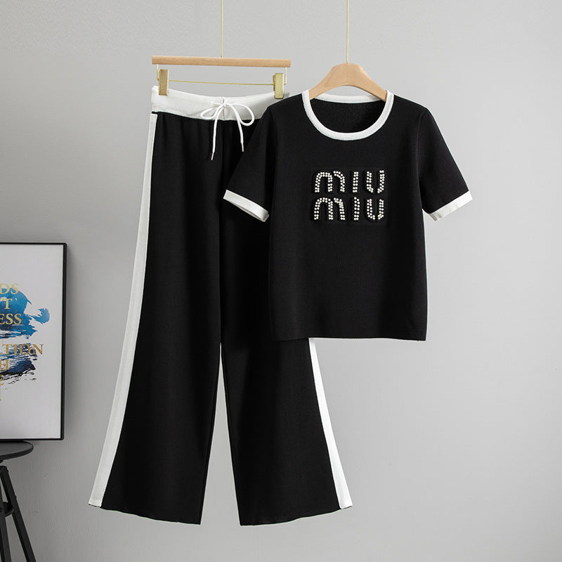 Completo Casual Pantalone Knit Beading & Letters