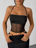 Top in Mesh Trasparente con Allacciatura Halter e Silhouette Tight-Fitting