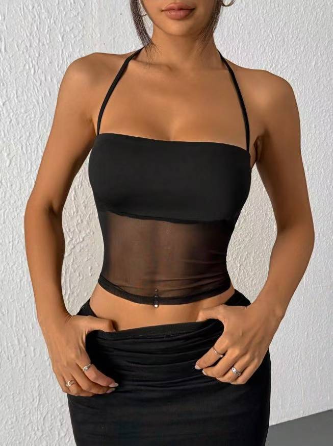 Top in Mesh Trasparente con Allacciatura Halter e Silhouette Tight-Fitting