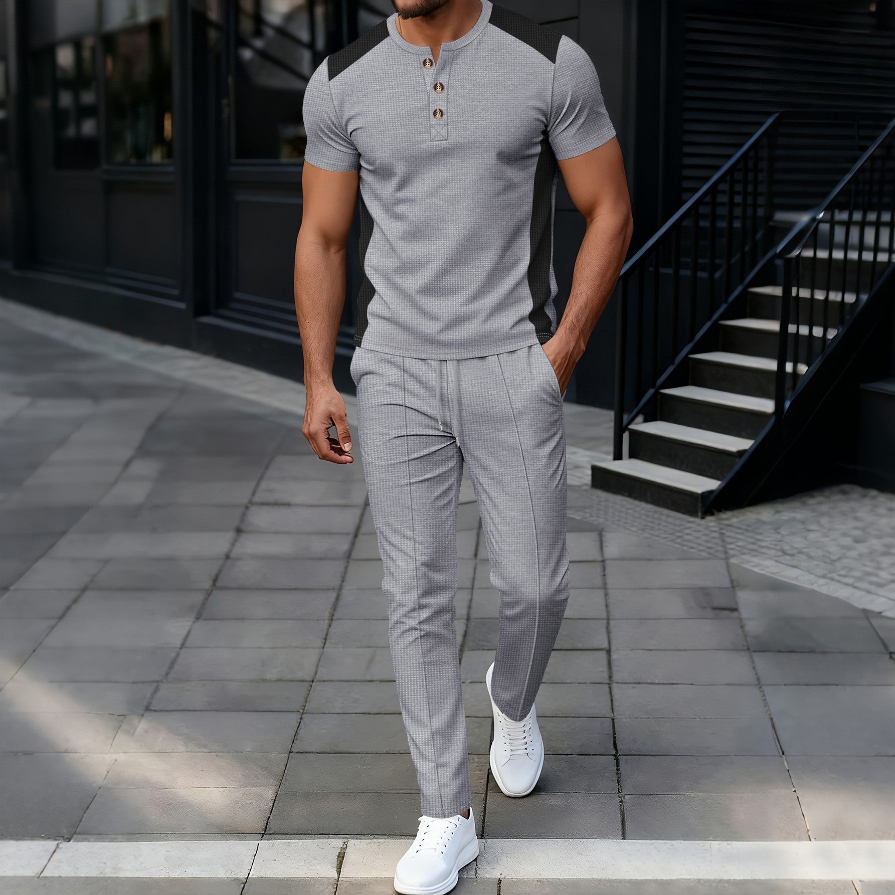 Completo Henry Shirt & Pantaloni in Heavy Waffle-Knit